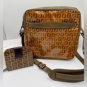 RARE SET: Fendi Zucchino coated canvas PVC compact bi-fold + crossbody bag